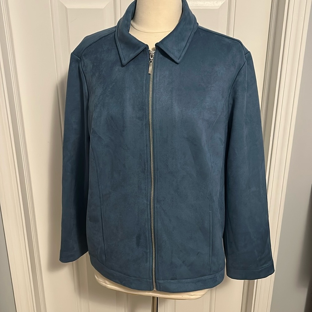 Women’s Chico’s size 3 (16/XL) suede like blue zip up jacket polyester/spandex